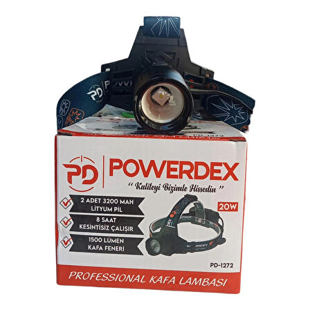 Powerdex Profesyonel Şarj Edilebilir Pilli Kamp Kafa Feneri Lambası Siyah