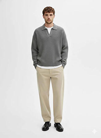 ERKEK-GÖMLEK YAKA-SELANİK ÖRGÜ-PATLI-OVERSIZE-KAZAK