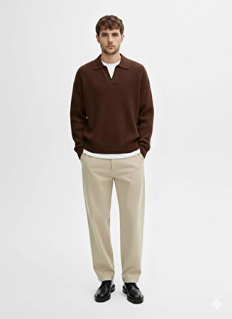 ERKEK-GÖMLEK YAKA-SELANİK ÖRGÜ-PATLI-OVERSIZE-KAZAK