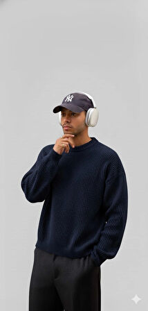 ERKEK-SELANİK ÖRGÜ-OVERSIZE-BİSİKLET YAKA-KAZAK