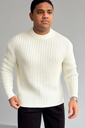 ERKEK-FİTİLLİ TRİKO-OVERSIZE-BİSİKLET YAKA-KAZAK