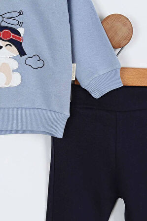 Rakun Desenli Uzun Kollu Pamuklu Sweatshirt Erkek Bebek Alt Ust Takım Erkek Bebek İkili Takım 2 li