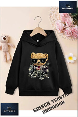 Kız/Erkek Çocuk Beyaz Kapüşonlu ''DOLARLI AYICIK YENI'' Baskılı Sweatshirt