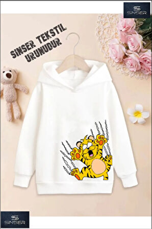 Kız/Erkek Çocuk Beyaz Kapüşonlu ''GARFILD PENCELI'' Baskılı Sweatshirt