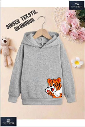 Kız/Erkek Çocuk Beyaz Kapüşonlu ''YANDAN AYICIK'' Baskılı Sweatshirt