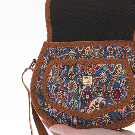 El Yapımı Etnik Şal Desenli Mini Kapaklı Omuz Çantası