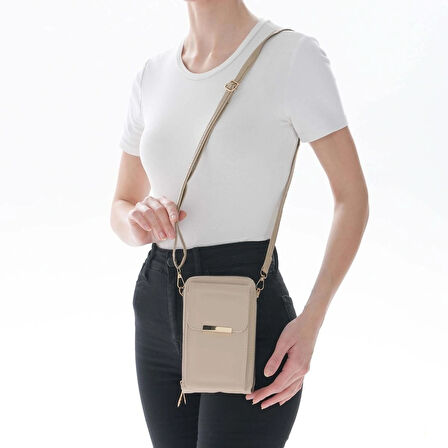 Vizon Rengi Telefon Bölmeli Üç Gözlü Mini Cüzdan Çanta (Crossbody)