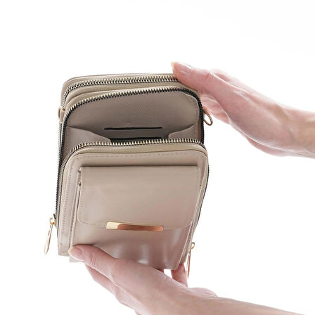 Vizon Rengi Telefon Bölmeli Üç Gözlü Mini Cüzdan Çanta (Crossbody)