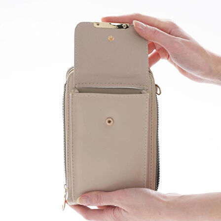 Vizon Rengi Telefon Bölmeli Üç Gözlü Mini Cüzdan Çanta (Crossbody)