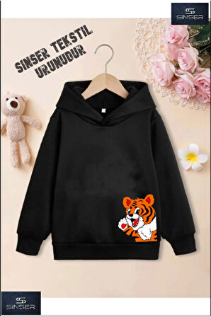Kız/Erkek Çocuk Beyaz Kapüşonlu ''YANDAN AYICIK'' Baskılı Sweatshirt