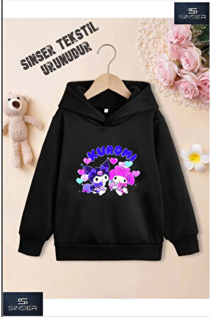 Kız/Erkek Çocuk Beyaz Kapüşonlu ''KUROMI ÖZEL'' Baskılı Sweatshirt