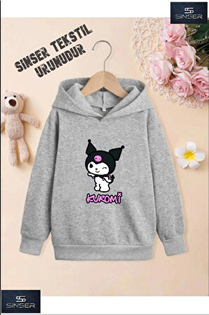 Kız/Erkek Çocuk Beyaz Kapüşonlu ''KUROMI'' Baskılı Sweatshirt