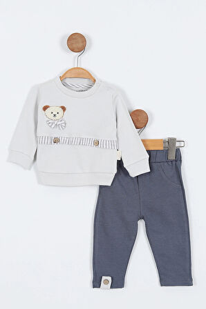 Ayı Desenli Uzun Kollu Pamuklu Sweat Pantolon Erkek Bebek Alt Ust Takım Erkek Bebek İkili Takım 2 li