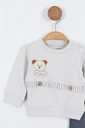 Ayı Desenli Uzun Kollu Pamuklu Sweat Pantolon Erkek Bebek Alt Ust Takım Erkek Bebek İkili Takım 2 li