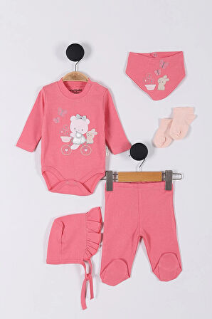 Tavşan Desenli Müslin Kız Bebek Hastane Çıkışı Bebek Kıyafetleri Yenidoğan Hastane Çıkış Seti 5 li