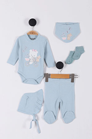 Tavşan Desenli Müslin Kız Bebek Hastane Çıkışı Bebek Kıyafetleri Yenidoğan Hastane Çıkış Seti 5 li