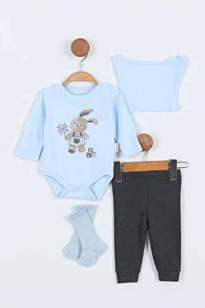 Tavşan Desenli Erkek Bebek Hastane Çıkışı Bebek Kıyafetleri Yenidoğan Hastane Çıkış Seti 4 Müslin 