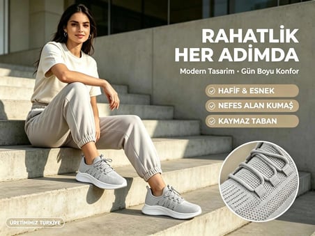 LEU Kadın Sneaker Ayakkabı Triko Gri Bağcıklı 36