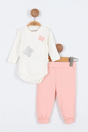 Kelebek Desenli Fermuarlı Pamuklu Zıbın Uzun Kız Erkek Bebek 3'lü Takım Alt Üst Kız Bebek Takım