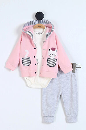 Kedi Desenli Pamuklu ÇıtÇıtlı Kapşonlu Zıbın Uzun Kollu Kız Bebek 3'lü Takım Alt Üst Kız Bebek Takım