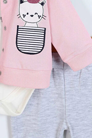 Kedi Desenli Pamuklu ÇıtÇıtlı Kapşonlu Zıbın Uzun Kollu Kız Bebek 3'lü Takım Alt Üst Kız Bebek Takım
