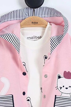 Kedi Desenli Pamuklu ÇıtÇıtlı Kapşonlu Zıbın Uzun Kollu Kız Bebek 3'lü Takım Alt Üst Kız Bebek Takım