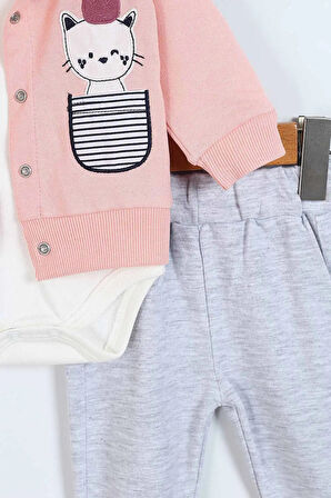 Kedi Desenli Pamuklu ÇıtÇıtlı Kapşonlu Zıbın Uzun Kollu Kız Bebek 3'lü Takım Alt Üst Kız Bebek Takım