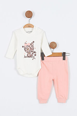 Kedi Desenli Pamuklu Fermuarlı Kapşonlu Zıbın Uzun Kol Kız Bebek 3'lü Takım Alt Üst Kız Bebek Takım