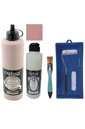 Mobilya Boyası-Cadence Multisurface H-030 Pudra Pembe 500Ml Ultimate Vernik Mat 250Ml Saten Rulo Set