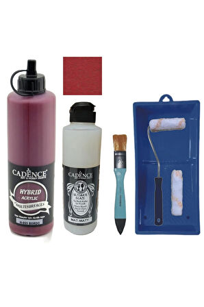 Mobilya Boyası-Cadence Multisurface H-055 Bordo 500Ml Ultimate Vernik Mat 250Ml Saten Rulo Set