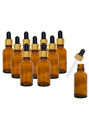 Altın/Siyah Cam Pipetli 30ml Amber Cam Şişeler 10 Adet