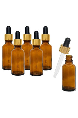Altın/Siyah Cam Pipetli 30ml Amber Cam Şişeler 6 Adet