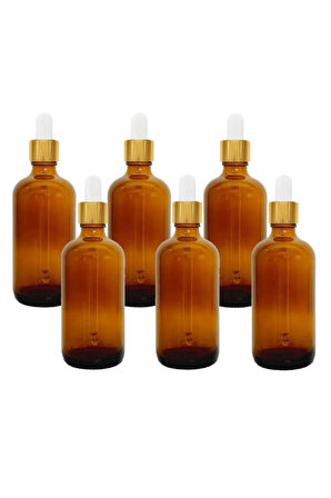 100ml Amber Cam Şişeler ve Altın/Beyaz Cam Pipetler 6 Adet