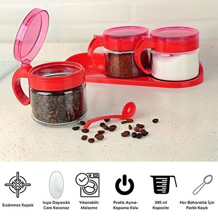 Kırmızı 3lü Standlı Kapaklı Kaşıklı Cam Hava Sızdırmaz Baharatlık Takımı KC-386