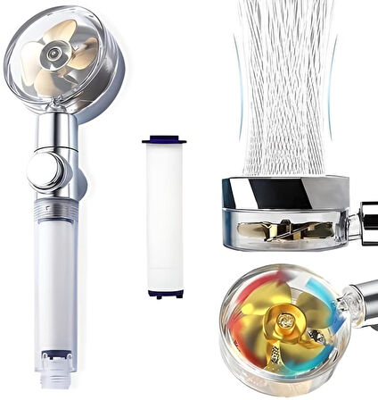 Turbo Pervaneli ve Filtreli Su Tasarruflu 360 Derece Dönebilen Tazyikli Duş Başlığı