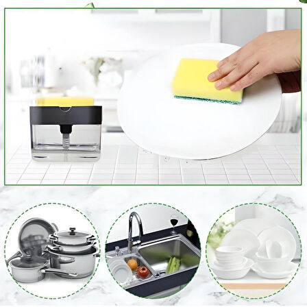 İkisi Bir Arada Basmalı Pratik Sıvı Sabunluk Pompası ve Bulaşık Yıkama Süngeri Haznesi