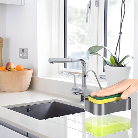 İkisi Bir Arada Basmalı Pratik Sıvı Sabunluk Pompası ve Bulaşık Yıkama Süngeri Haznesi