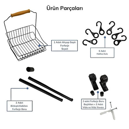 Retro Ferforje Askılı Siyah Ahşap Kulplu Düzenleyici Mutfak Sepeti