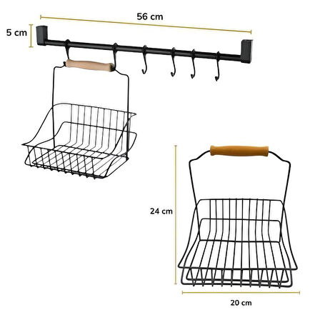 Retro Ferforje Askılı Siyah Ahşap Kulplu Düzenleyici Mutfak Sepeti