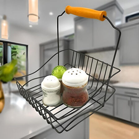 Retro Ferforje Askılı Siyah Ahşap Kulplu Düzenleyici Mutfak Sepeti