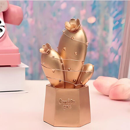 Led Işıklı Sevimli Kaktüs Dekoratif Masa Lambası Mini Biblo Gece Lambası Gold