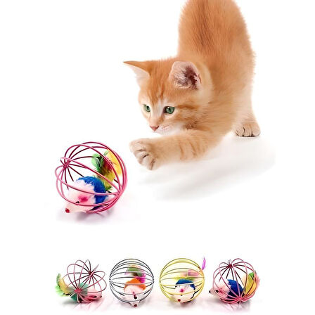 Renkli Metal Kafesli Peluş Fareli Kedi Köpek Oyuncağı Oyun Topu 6 cm