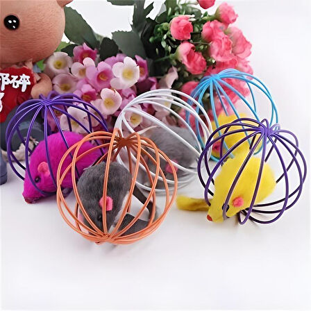 Renkli Metal Kafesli Peluş Fareli Kedi Köpek Oyuncağı Oyun Topu 6 cm