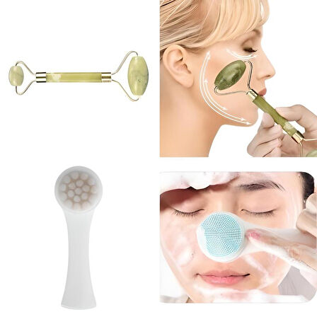 2li Set Çift Taraflı Cilt Temizleme Fırçası ve Yeşim Taşı Çift Taraflı Cilt Masaj Aleti