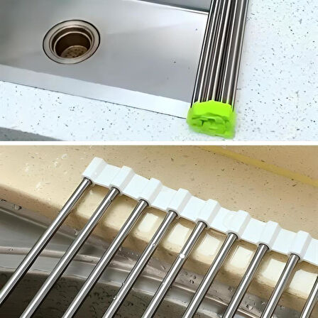 Evye Üstü Katlanır Nihale Paslanmaz Çelik Pratik Sebze Meyve Bulaşık Kurutma Süzgeci 43x 23 Cm