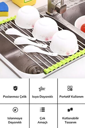 Evye Üstü Katlanır Nihale Paslanmaz Çelik Pratik Sebze Meyve Bulaşık Kurutma Süzgeci 43x 23 Cm