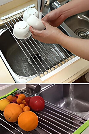 Evye Üstü Katlanır Nihale Paslanmaz Çelik Pratik Sebze Meyve Bulaşık Kurutma Süzgeci 37 x 23 Cm