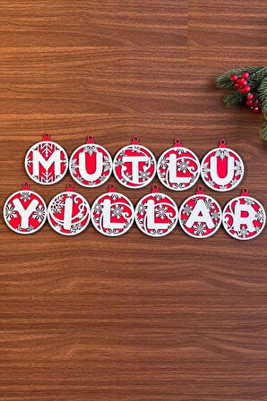 BUFFER® 11 Harfli Kırmızı Beyaz İpli MUTLU YILLAR Yazılı Ahşap Yılbaşı Ağaç Süsü