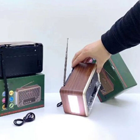 BUFFER® Küçük Boy Retro, Nostaljik, Ahşap Tasarım Bluetooth Hoparlörlü, Şarjlı, Taşınabilir Yanı LED Işıklı FM/AM Destekli Radyo NS6675