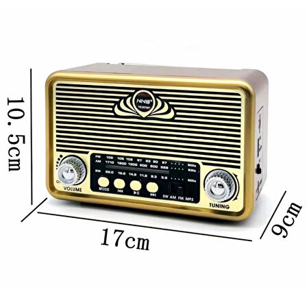 BUFFER® Küçük Boy Retro, Nostaljik, Ahşap Tasarım Bluetooth Hoparlörlü, Şarjlı, Taşınabilir Yanı LED Işıklı FM/AM Destekli Radyo NS6675